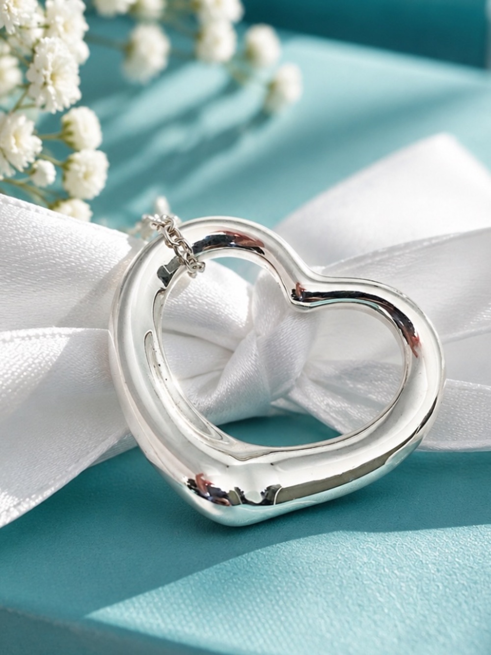Tiffany & Co. Elsa Peretti 28mm Open Heart Pendant Necklace Sterling Silver 18”